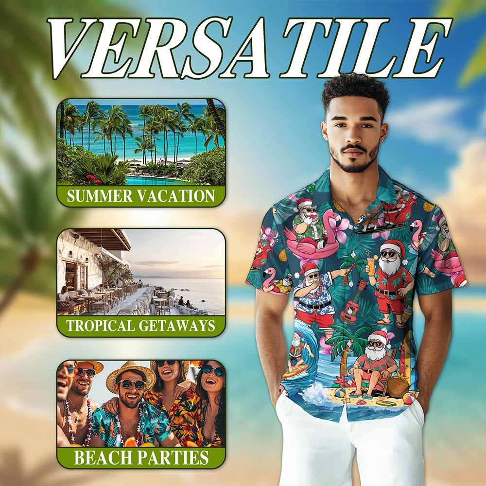 Netecom Funny Santa Claus Surfing Hawaiian Shirt for Men Women, Christmas In July Button Down Summer Beach Shirts, S-5XL