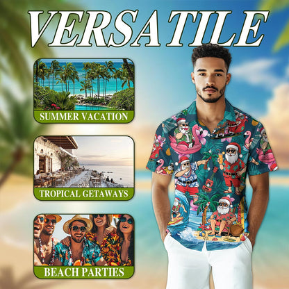Netecom Funny Santa Claus Surfing Hawaiian Shirt for Men Women, Christmas In July Button Down Summer Beach Shirts, S-5XL