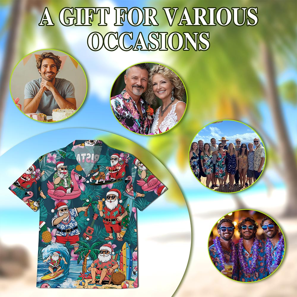 Netecom Funny Santa Claus Surfing Hawaiian Shirt for Men Women, Christmas In July Button Down Summer Beach Shirts, S-5XL