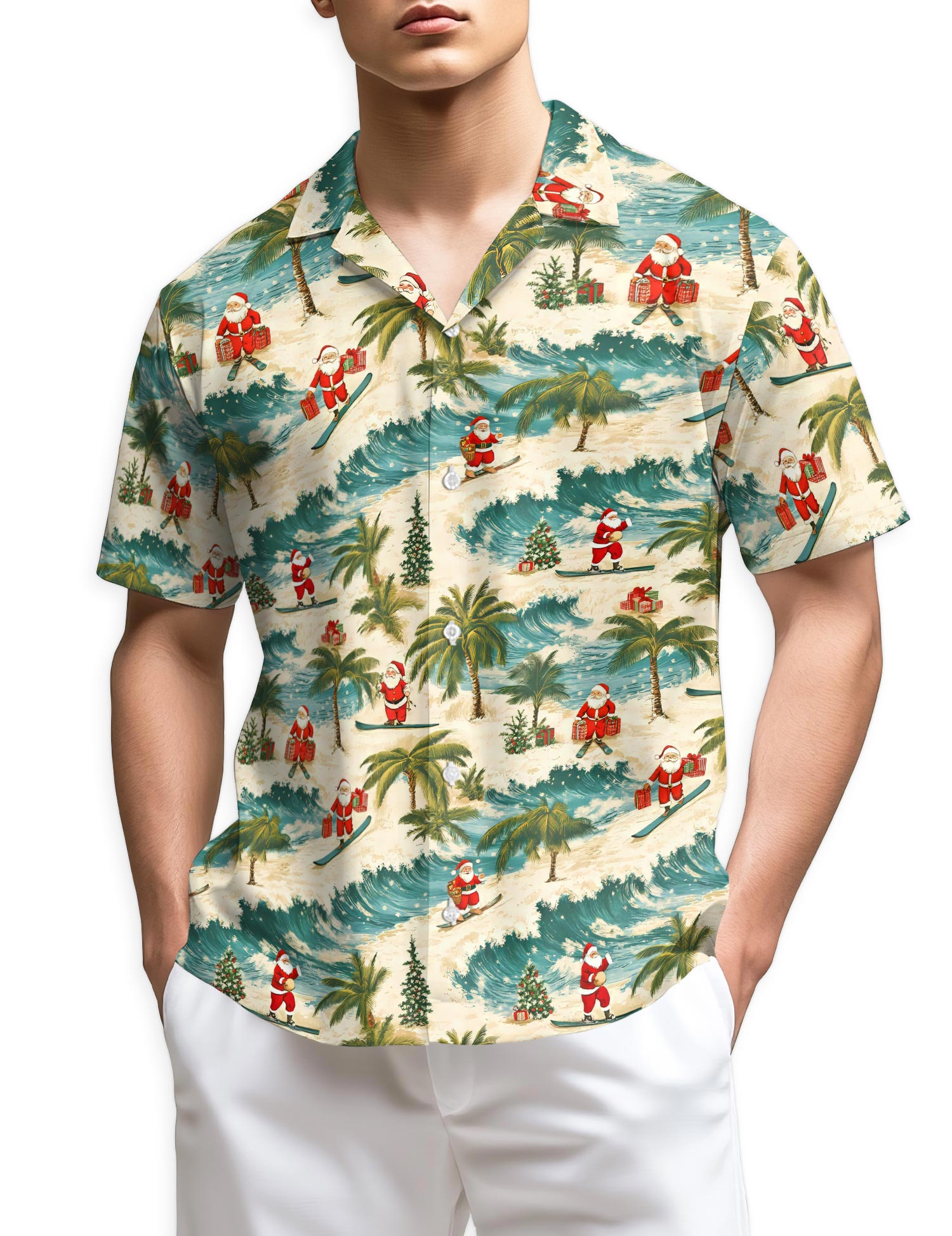 Netecom Funny Santa Surfing Hawaiian Shirt for Men