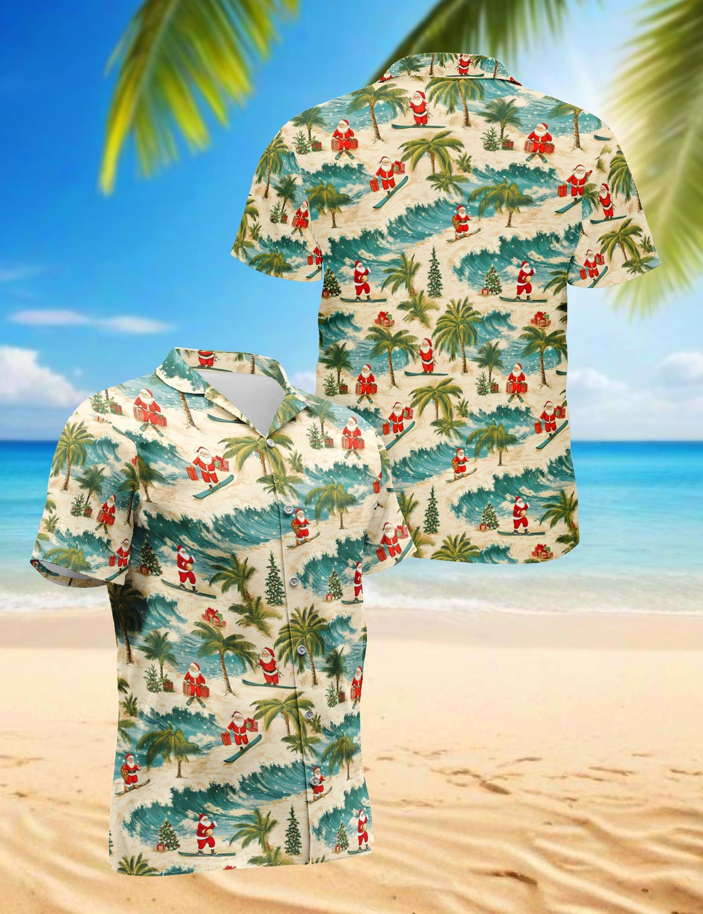 Netecom Funny Santa Surfing Hawaiian Shirt for Men, Tropical Style, Button Down Summer Beach Short Sleeve, S-5XL