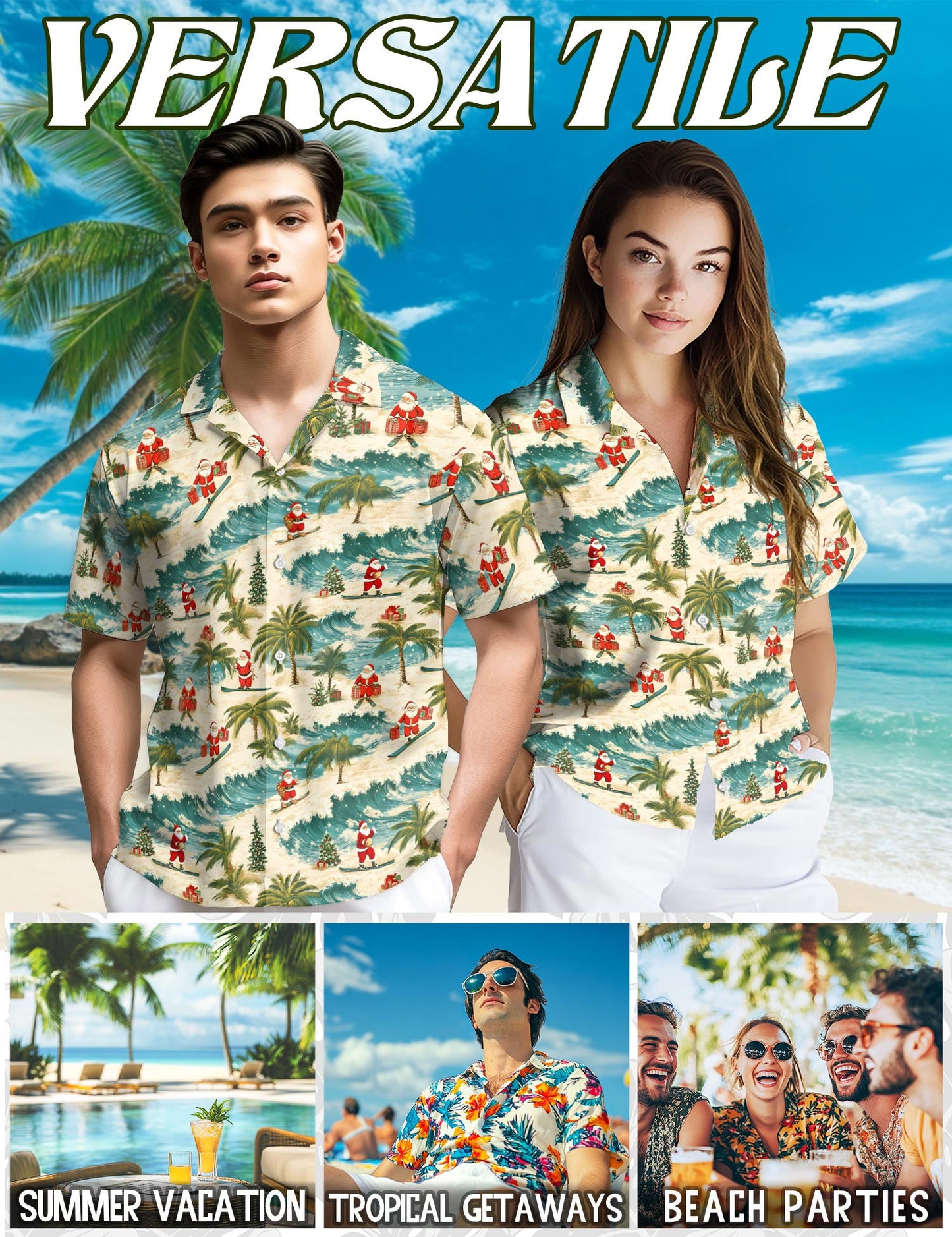 Netecom Funny Santa Surfing Hawaiian Shirt for Men, Tropical Style, Button Down Summer Beach Short Sleeve, S-5XL