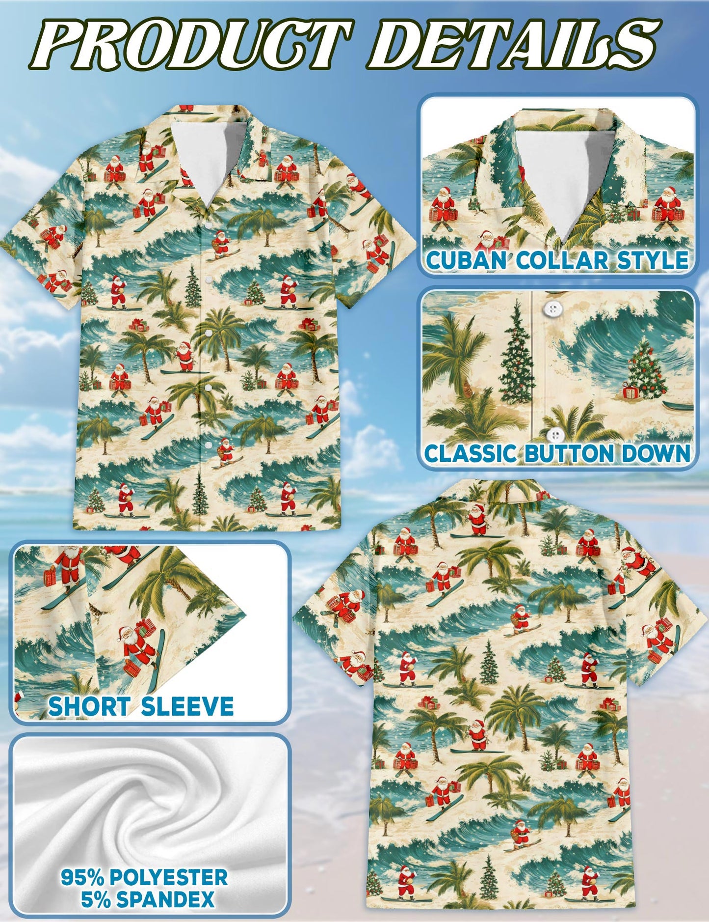 Netecom Funny Santa Surfing Hawaiian Shirt for Men, Tropical Style, Button Down Summer Beach Short Sleeve, S-5XL