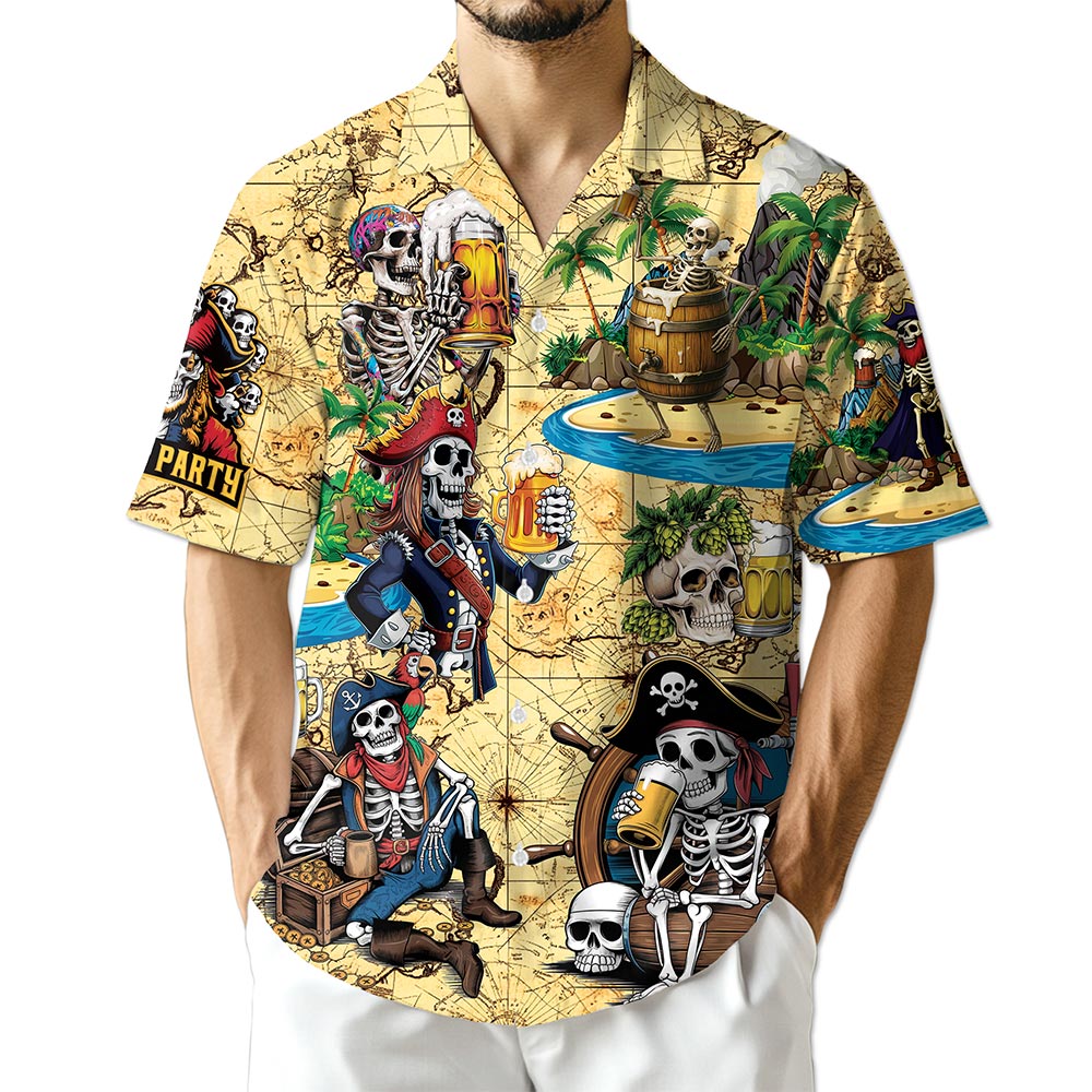 Netecom Funny Skull Pirates Drinking Beer Hawaiian Shirt for Men