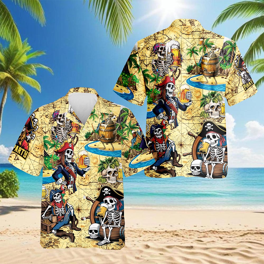 Netecom Funny Skull Pirates Drinking Beer Hawaiian Shirt for Men, Tropical Button Down Summer Beach Short Sleeve Shirts, S-5XL