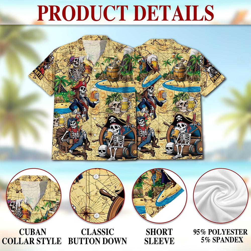 Netecom Funny Skull Pirates Drinking Beer Hawaiian Shirt for Men, Tropical Button Down Summer Beach Short Sleeve Shirts, S-5XL
