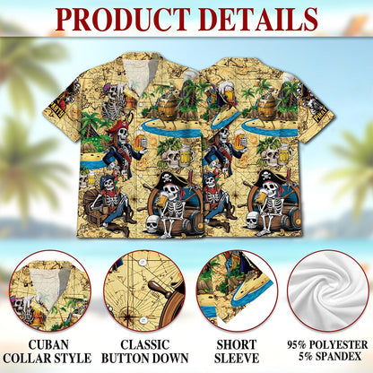 Netecom Funny Skull Pirates Drinking Beer Hawaiian Shirt for Men, Tropical Button Down Summer Beach Short Sleeve Shirts, S-5XL
