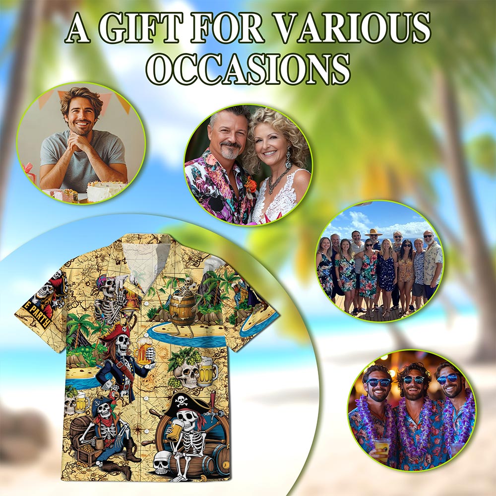 Netecom Funny Skull Pirates Drinking Beer Hawaiian Shirt for Men, Tropical Button Down Summer Beach Short Sleeve Shirts, S-5XL