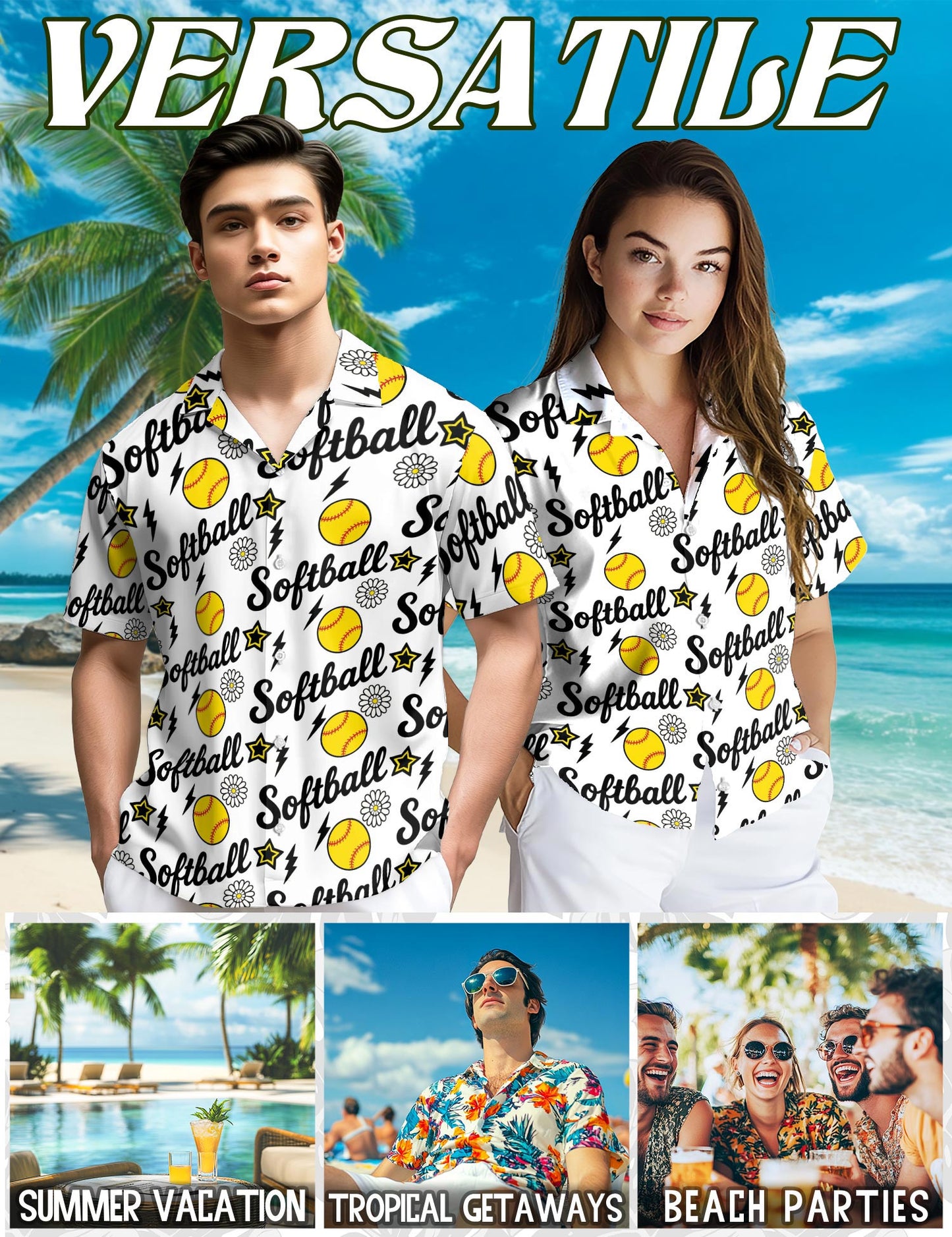 Netecom Funny Softball Hawaiian Shirt for Men, Sporty Style, Button Down Summer Beach Short Sleeve, S-5XL