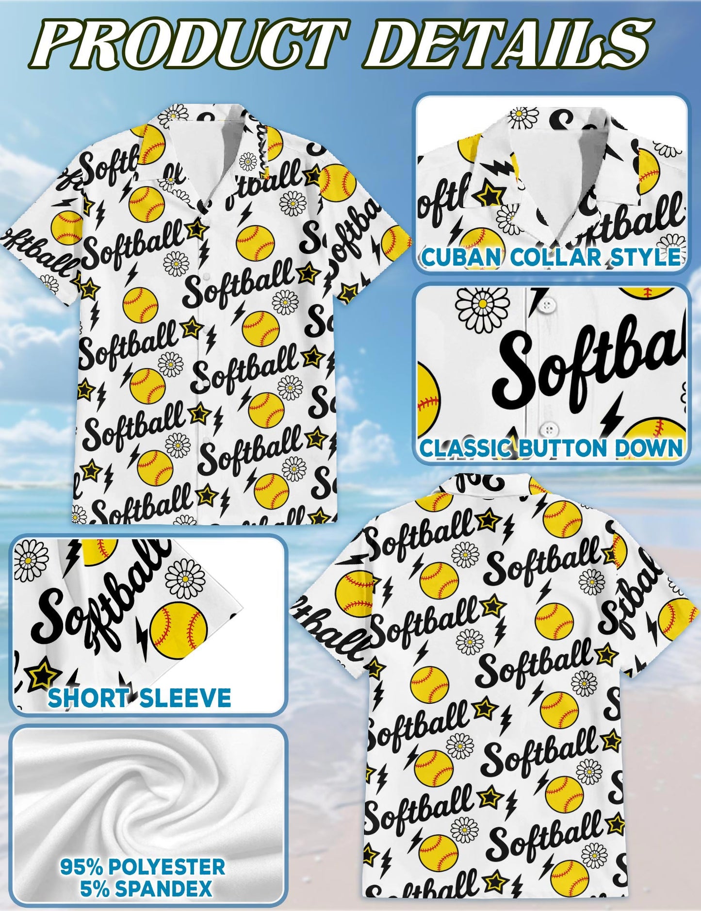 Netecom Funny Softball Hawaiian Shirt for Men, Sporty Style, Button Down Summer Beach Short Sleeve, S-5XL