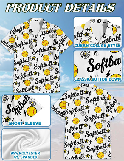 Netecom Funny Softball Hawaiian Shirt for Men, Sporty Style, Button Down Summer Beach Short Sleeve, S-5XL