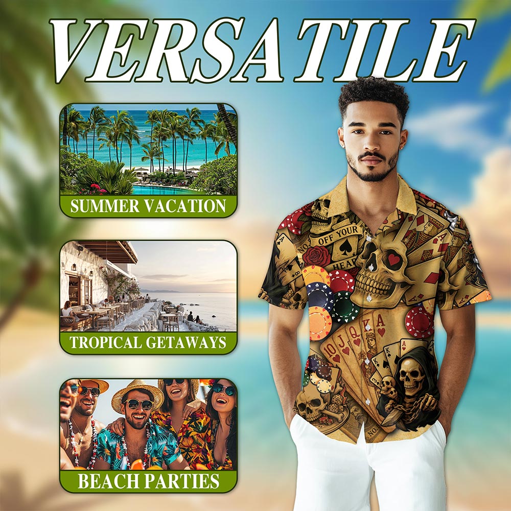 Netecom Gabling Poker Fire Skull Hawaiian Shirt for Men, Card Player Lover Gifts, Button Down Summer Aloha Beach Shirts, S-5XL