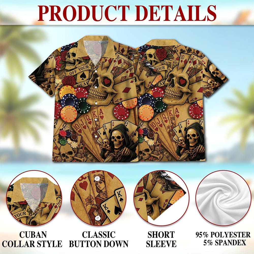 Netecom Gabling Poker Fire Skull Hawaiian Shirt for Men, Card Player Lover Gifts, Button Down Summer Aloha Beach Shirts, S-5XL