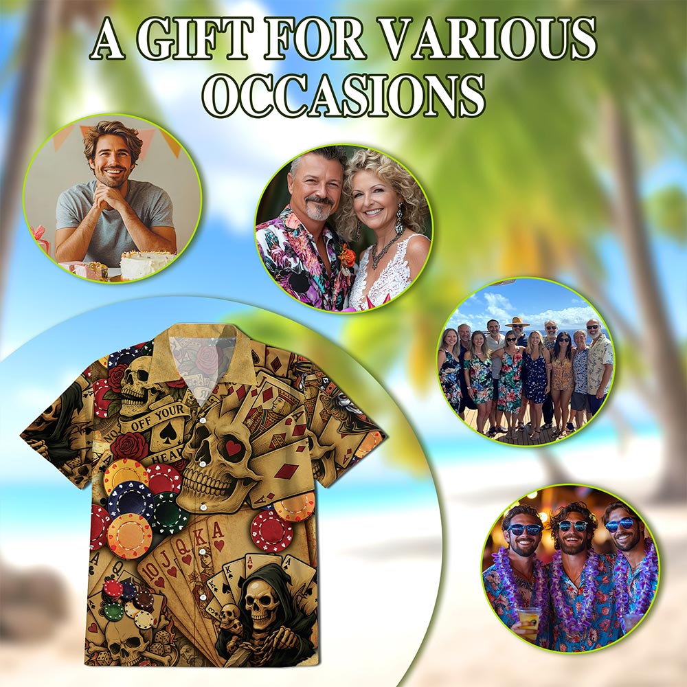 Netecom Gabling Poker Fire Skull Hawaiian Shirt for Men, Card Player Lover Gifts, Button Down Summer Aloha Beach Shirts, S-5XL