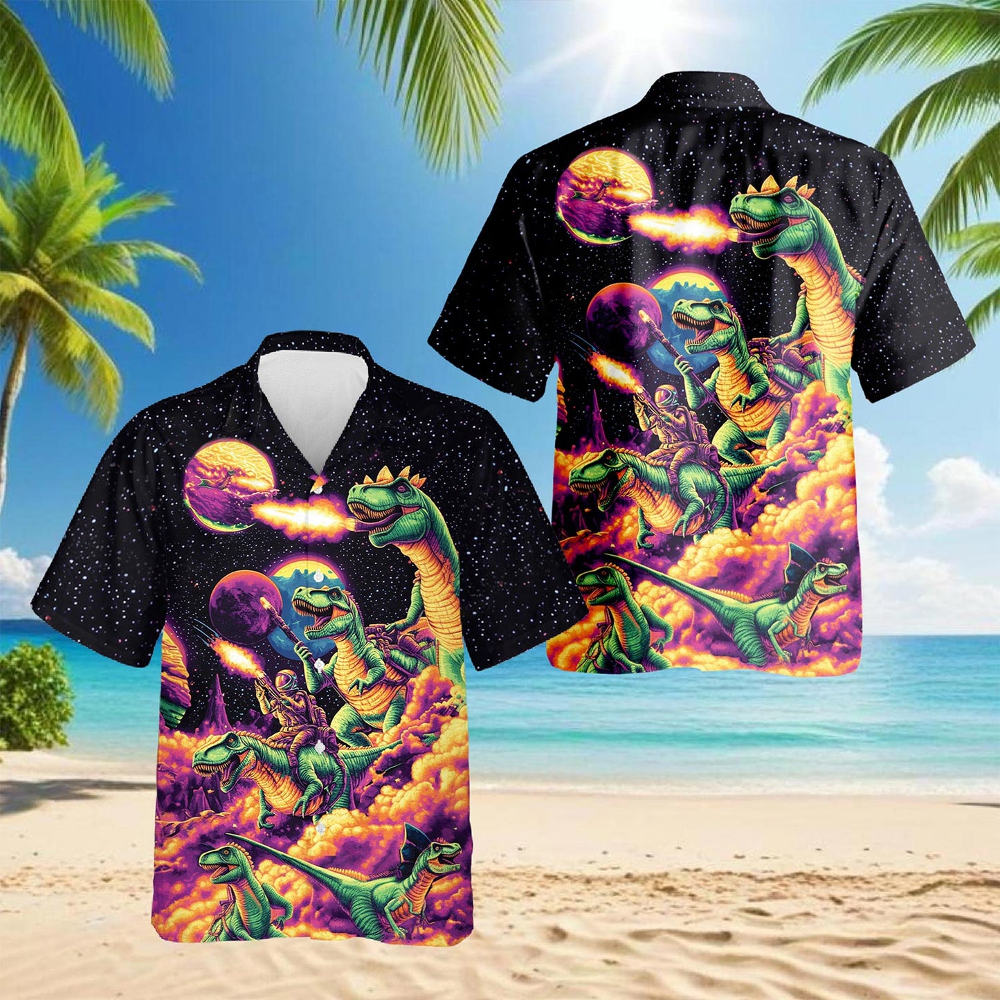 Netecom Galaxy Dinosaurs Hawaiian Shirt for Men, Button Down Summer Beach Short Sleeve, Fantasy Style, S-5XL