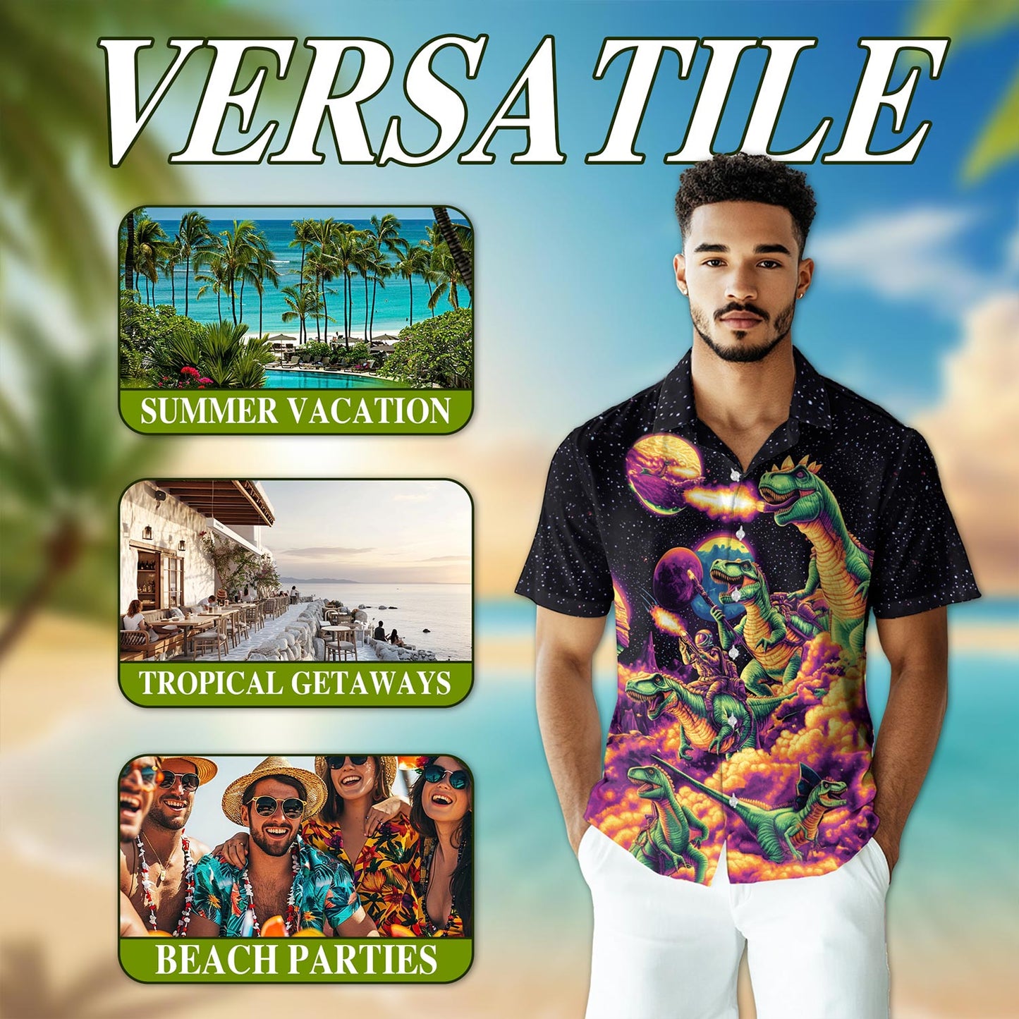 Netecom Galaxy Dinosaurs Hawaiian Shirt for Men, Button Down Summer Beach Short Sleeve, Fantasy Style, S-5XL