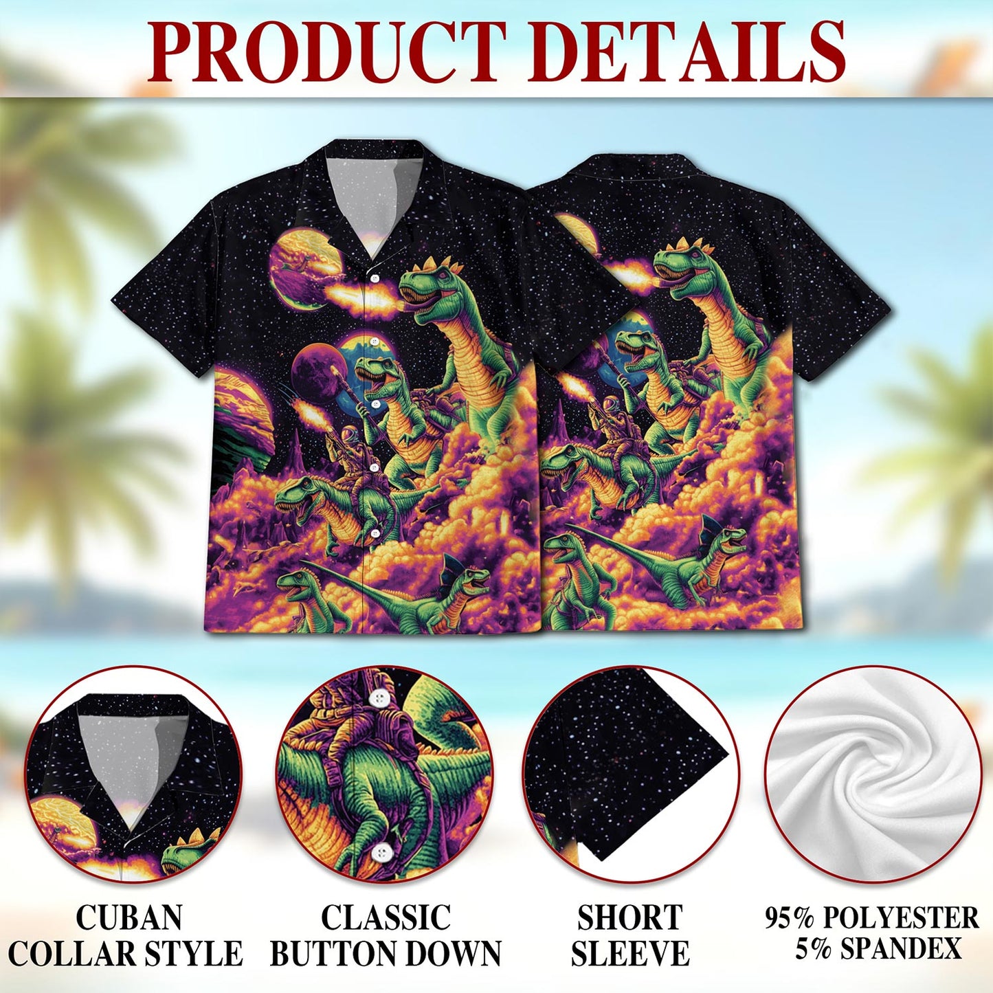 Netecom Galaxy Dinosaurs Hawaiian Shirt for Men, Button Down Summer Beach Short Sleeve, Fantasy Style, S-5XL