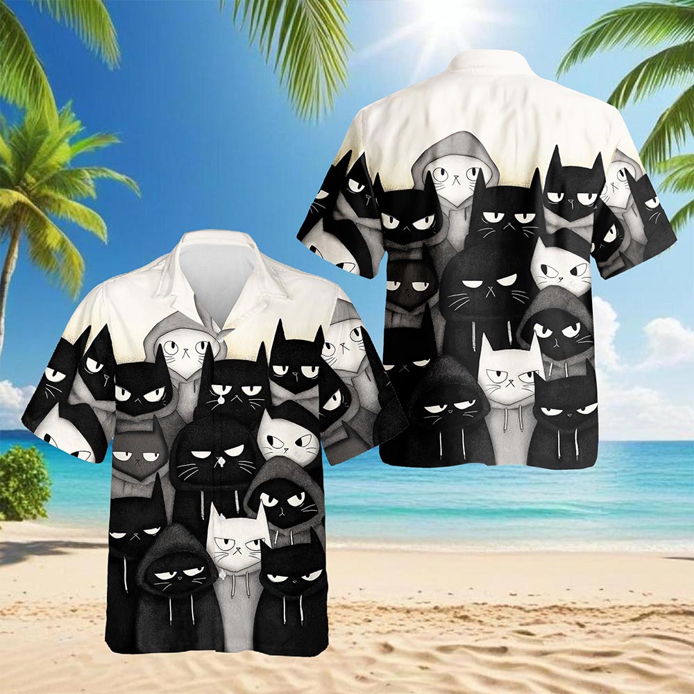 Netecom Gangster Cat Hawaiian Shirt for Men, Street Style, Button Down Summer Beach Short Sleeve, S-5XL