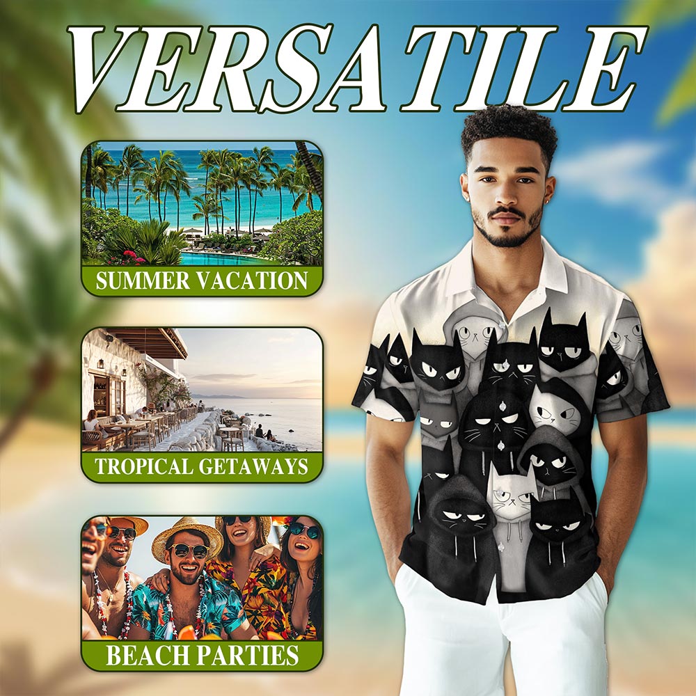 Netecom Gangster Cat Hawaiian Shirt for Men, Street Style, Button Down Summer Beach Short Sleeve, S-5XL