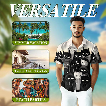 Netecom Gangster Cat Hawaiian Shirt for Men, Street Style, Button Down Summer Beach Short Sleeve, S-5XL