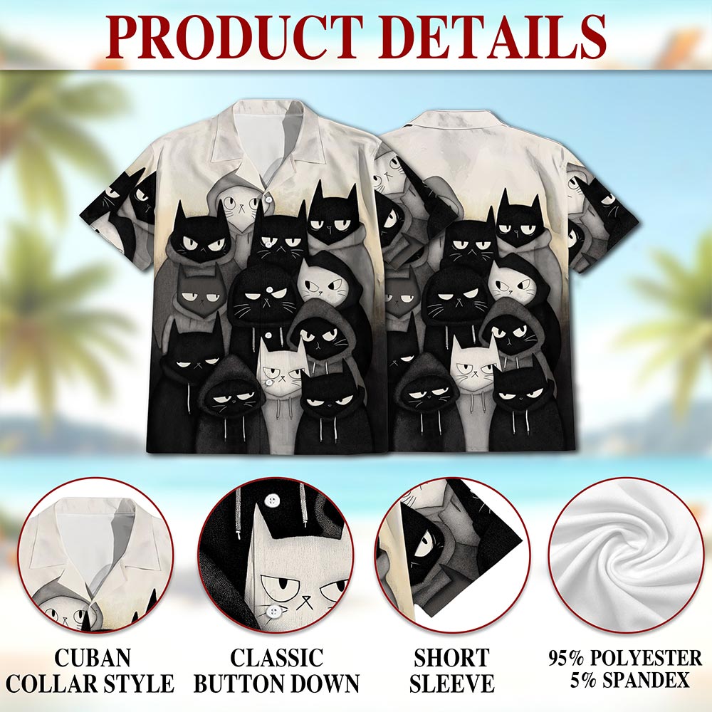 Netecom Gangster Cat Hawaiian Shirt for Men, Street Style, Button Down Summer Beach Short Sleeve, S-5XL