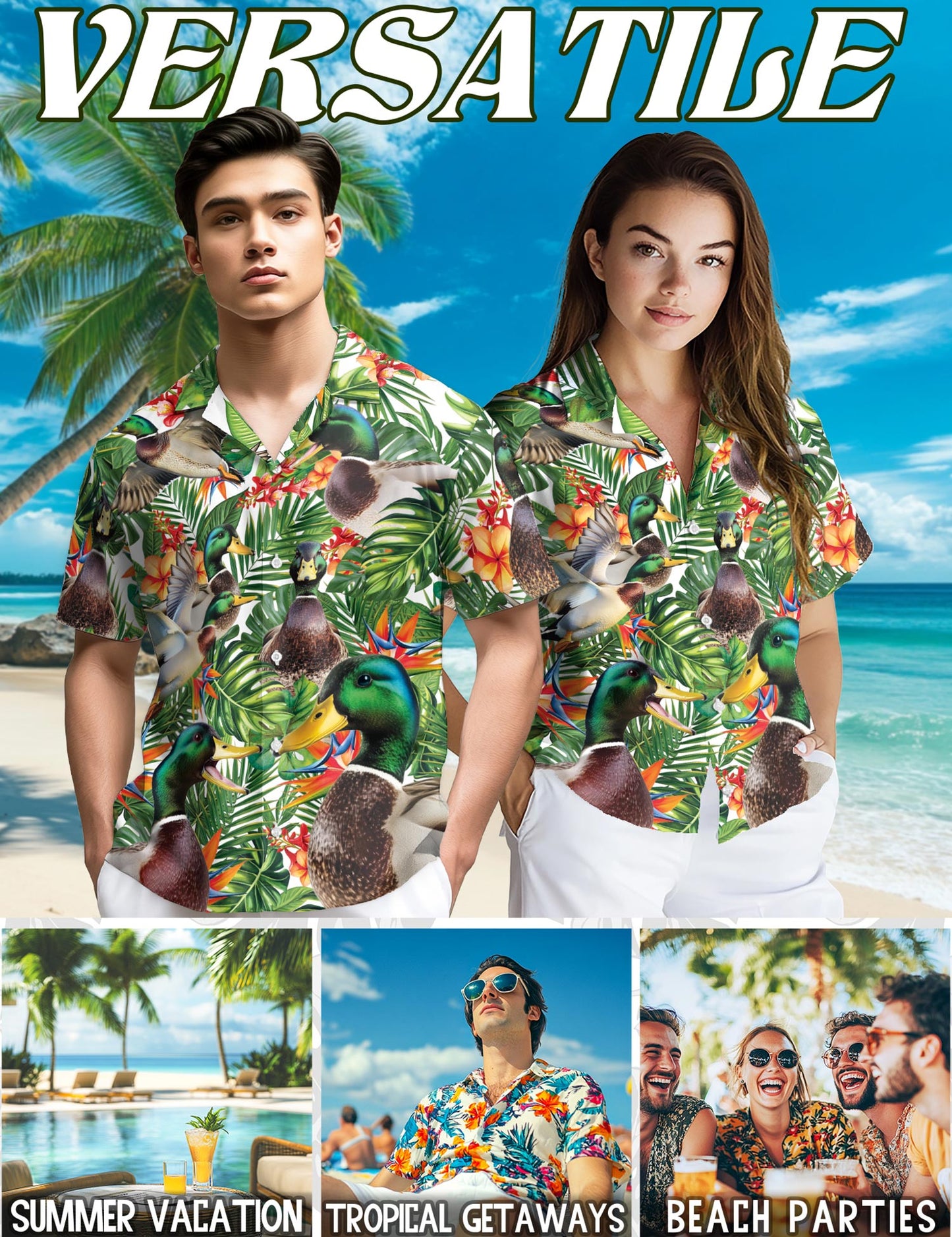 Netecom Geese Hawaiian Shirt for Men, Tropical Style, Button Down Summer Beach Short Sleeve, S-5XL