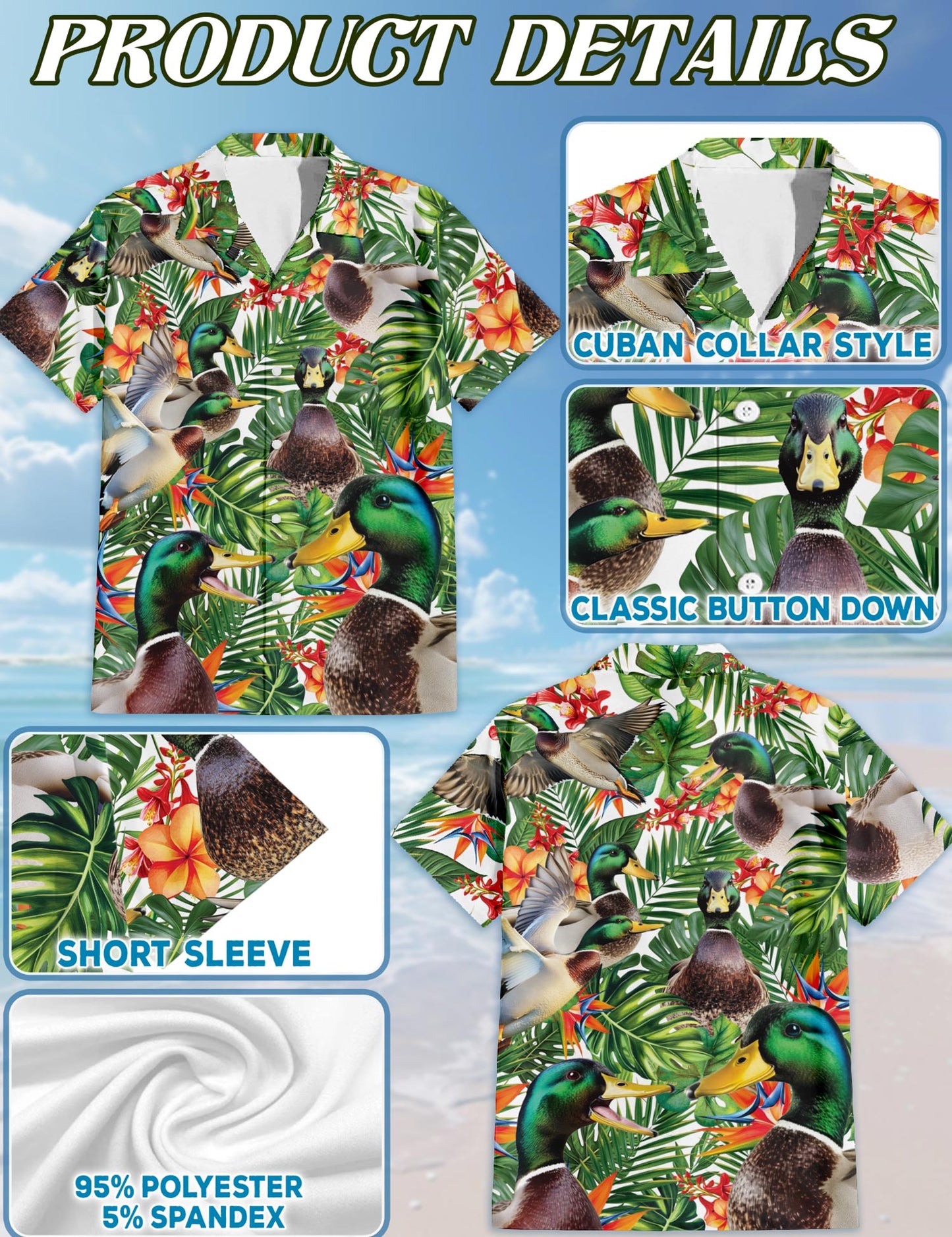 Netecom Geese Hawaiian Shirt for Men, Tropical Style, Button Down Summer Beach Short Sleeve, S-5XL