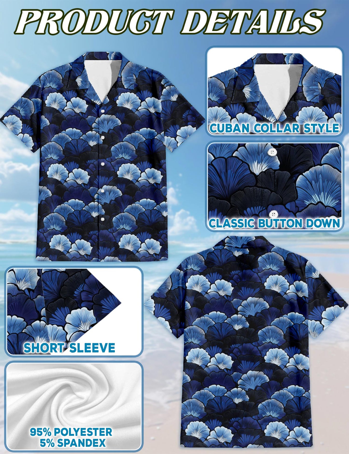 Netecom Ginkgo Leaves Art Deco Hawaiian Shirt for Men, Vintage Style, Button Down Summer Beach Short Sleeve, S-5XL
