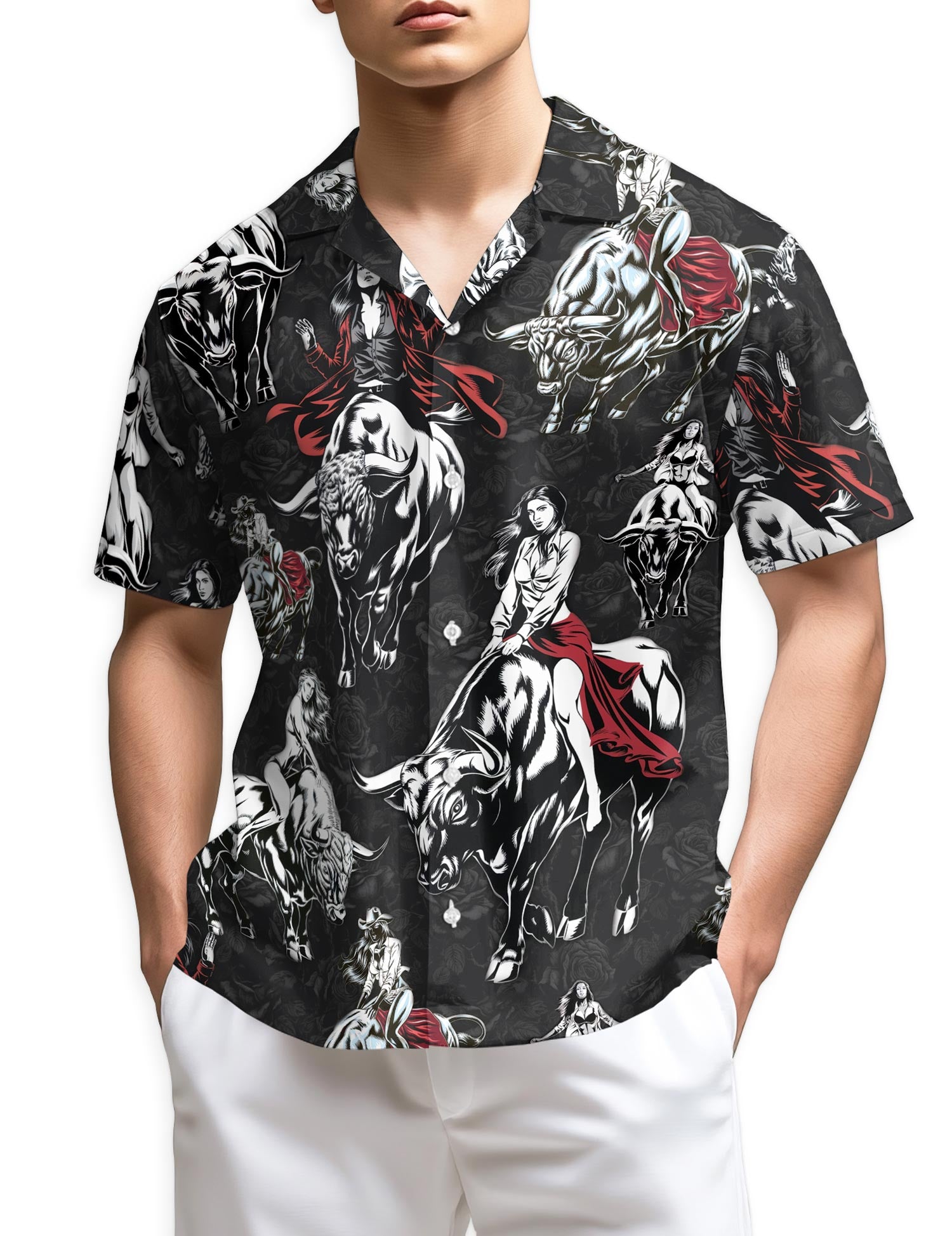 Netecom Girl Riding Bull Hawaiian Shirt for Men