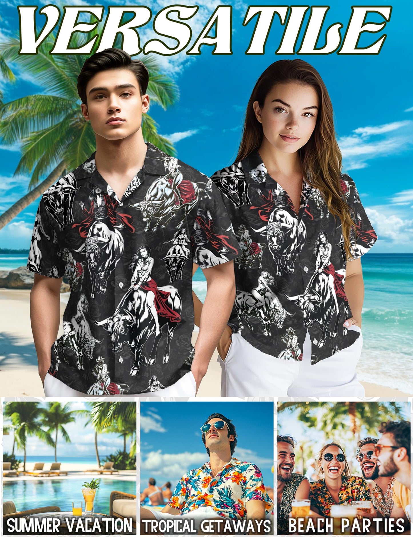 Netecom Girl Riding Bull Hawaiian Shirt for Men, Button Down Summer Beach Short Sleeve, S-5XL