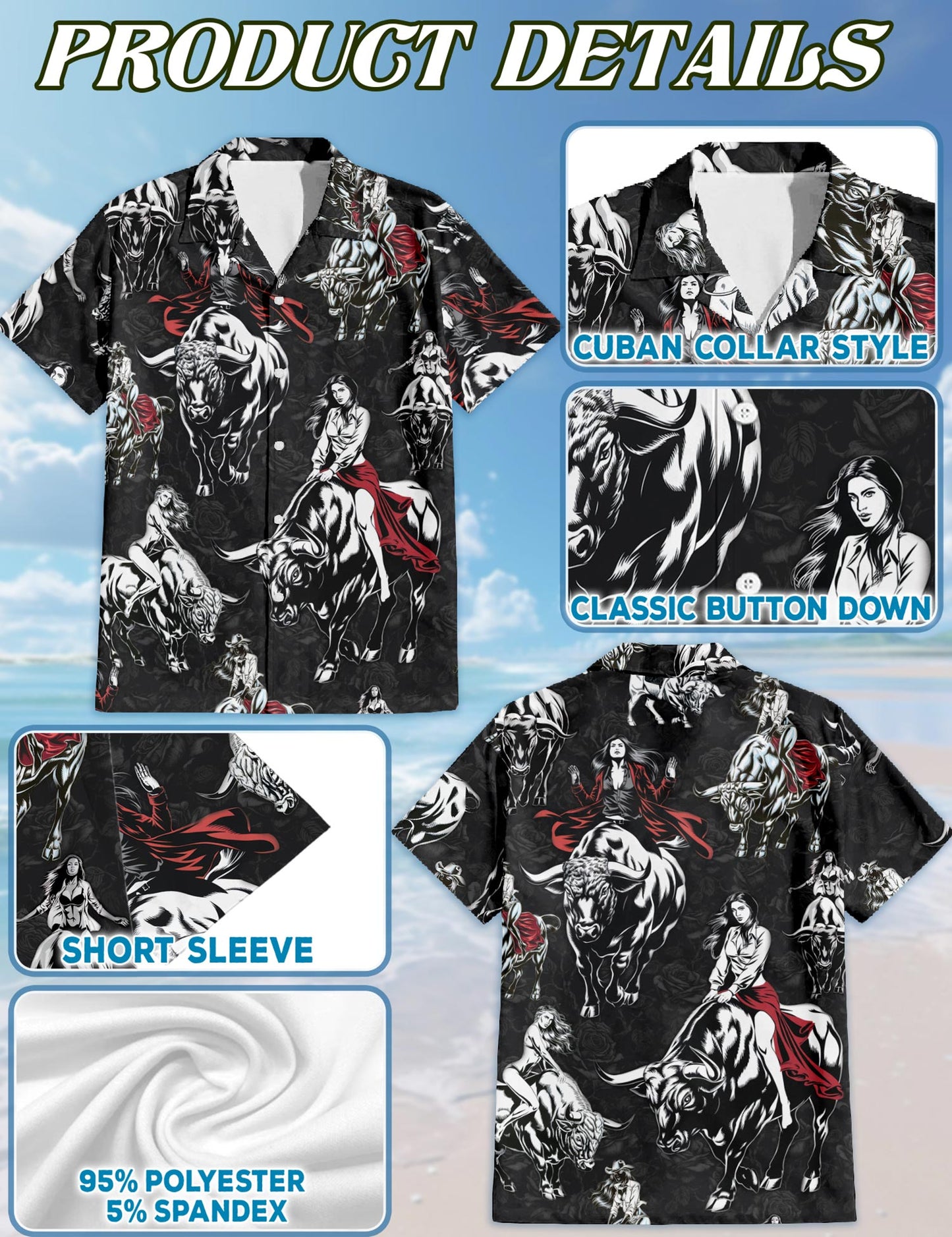 Netecom Girl Riding Bull Hawaiian Shirt for Men, Button Down Summer Beach Short Sleeve, S-5XL