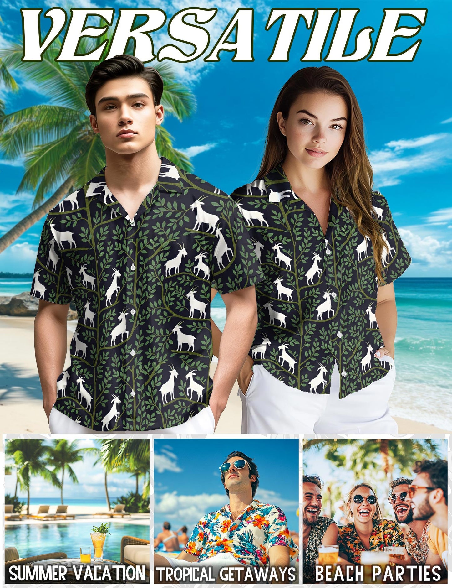 Netecom Goat Vines Hawaiian Shirt for Men, Vintage Style, Button Down Summer Beach Short Sleeve, S-5XL