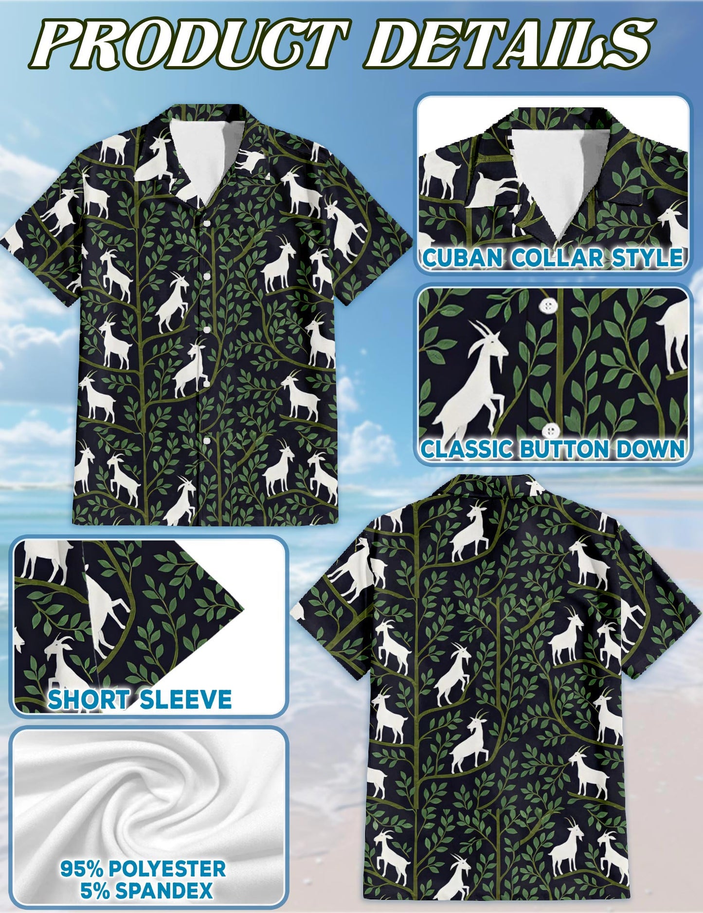 Netecom Goat Vines Hawaiian Shirt for Men, Vintage Style, Button Down Summer Beach Short Sleeve, S-5XL