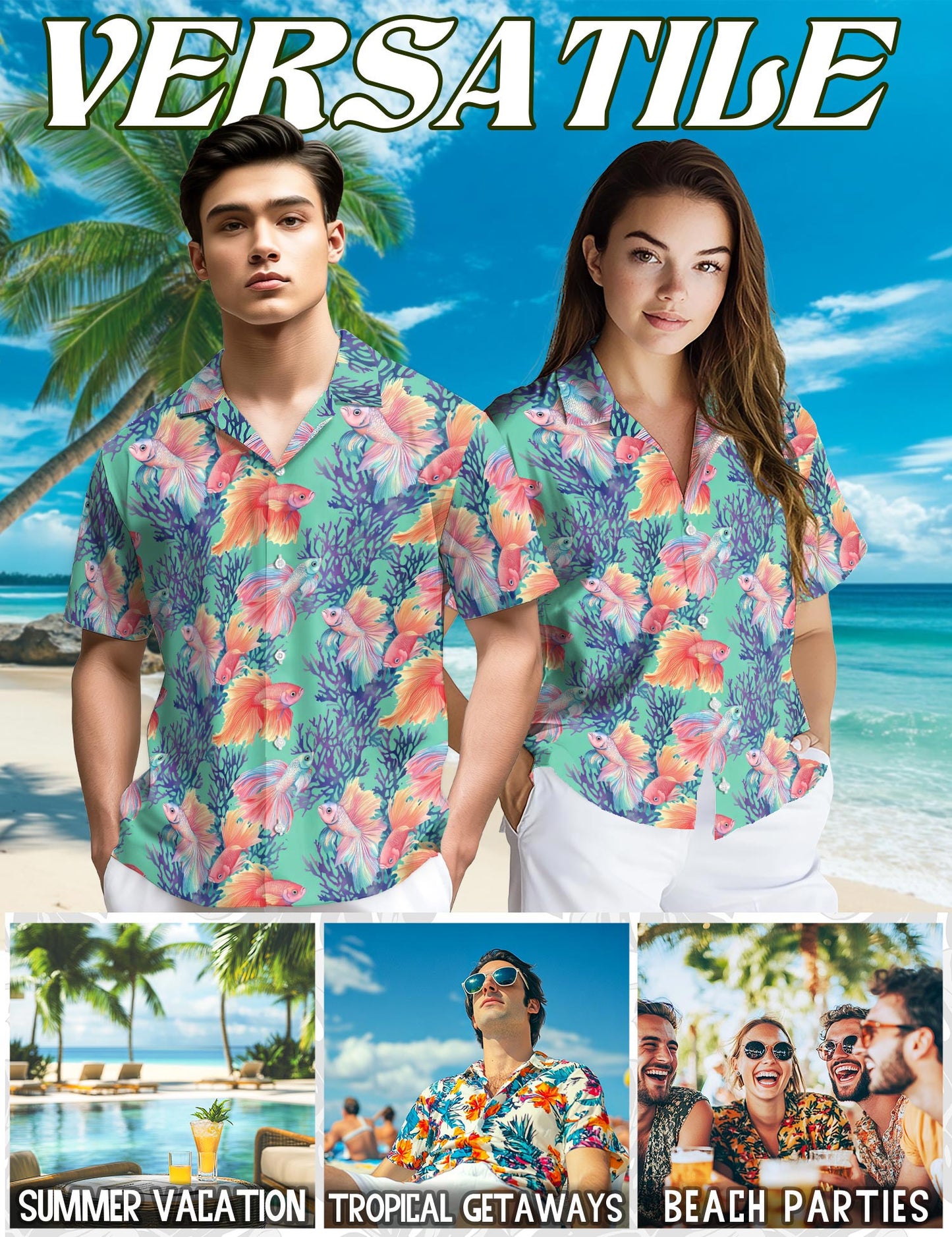 Netecom Golden Fish Hawaiian Shirt for Men, Ocean Style, Button Down Summer Beach Short Sleeve, S-5XL