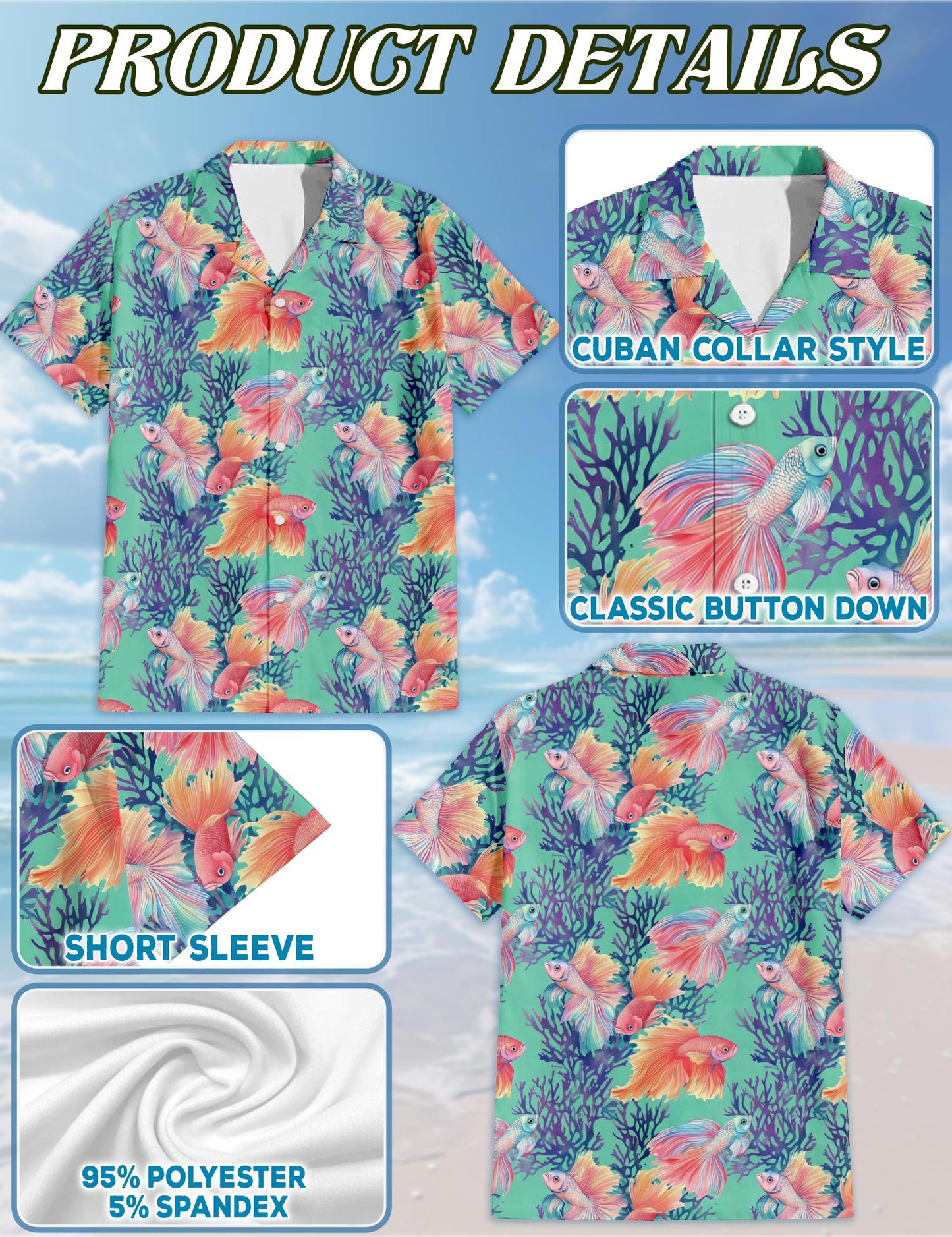 Netecom Golden Fish Hawaiian Shirt for Men, Ocean Style, Button Down Summer Beach Short Sleeve, S-5XL