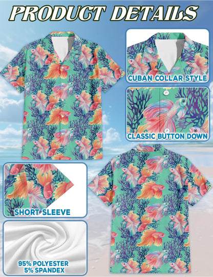 Netecom Golden Fish Hawaiian Shirt for Men, Ocean Style, Button Down Summer Beach Short Sleeve, S-5XL