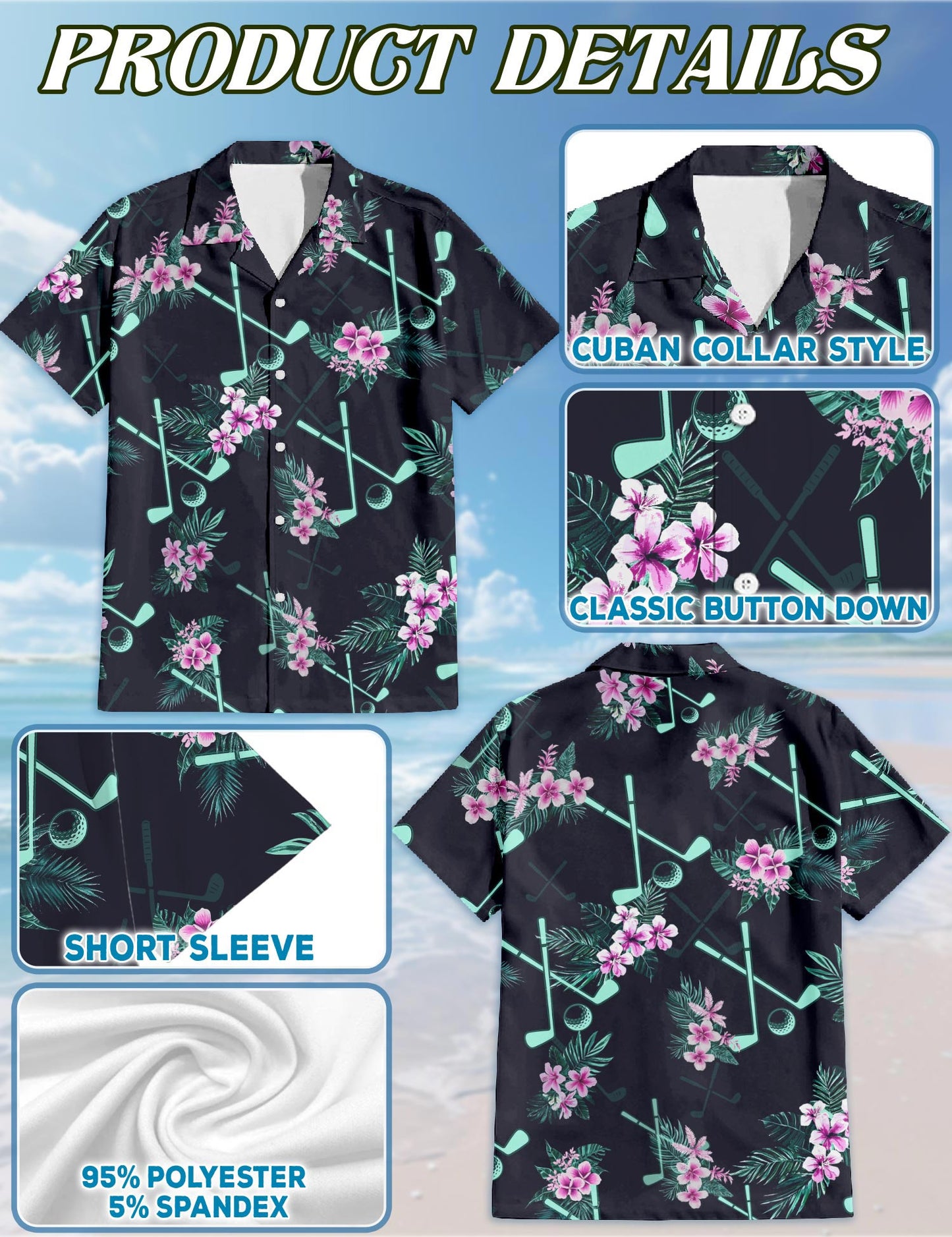 Netecom Golf Hawaiian Shirt for Men, Tropical Style, Button Down Summer Beach Short Sleeve, S-5XL