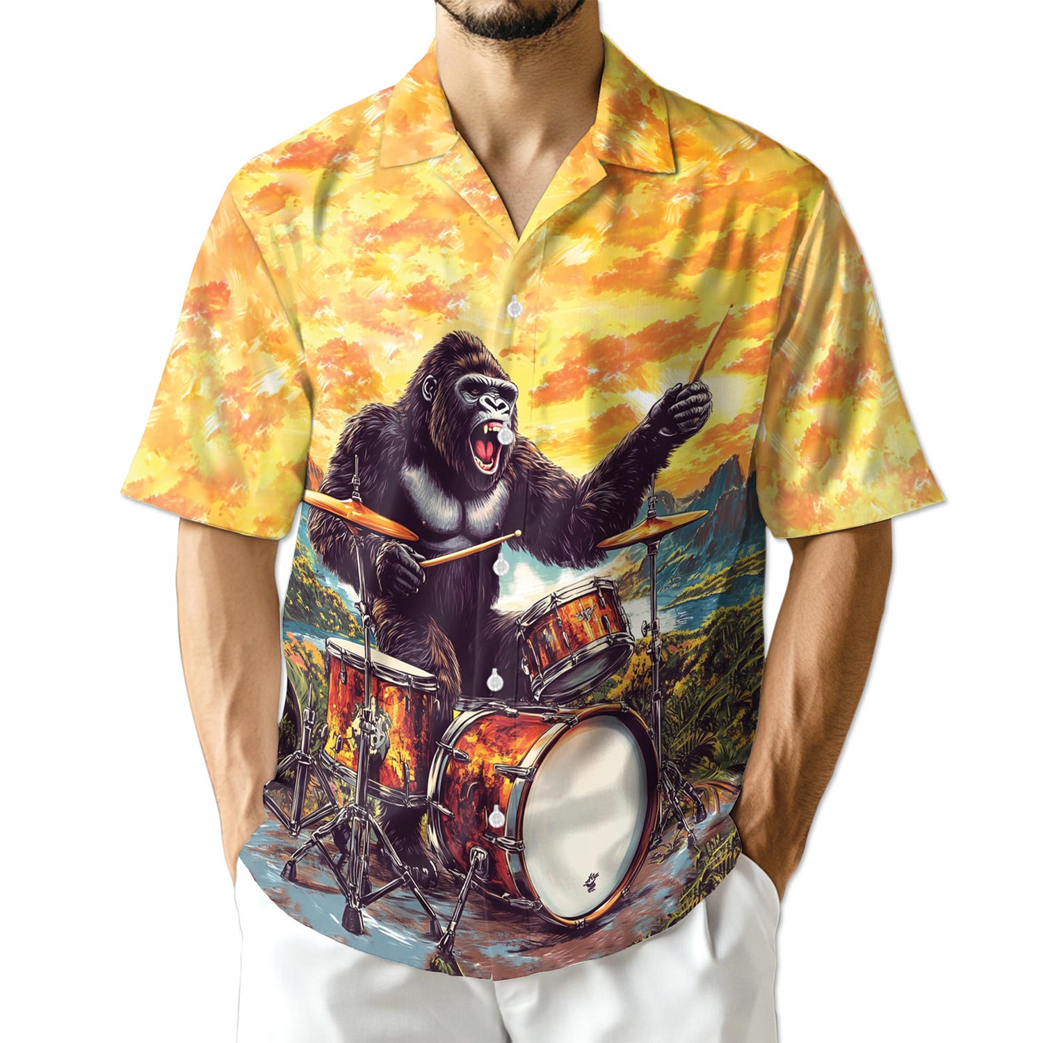 Netecom Gorilla Plays Drum Hawaiian Shirt for Men