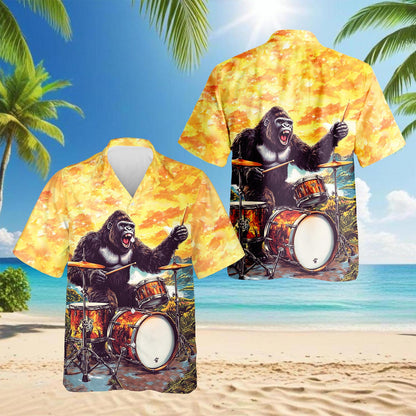 Netecom Gorilla Plays Drum Hawaiian Shirt for Men, Button Down Summer Beach Short Sleeve, Gorilla Lover Gifts, S-5XL