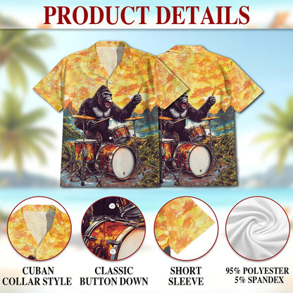 Netecom Gorilla Plays Drum Hawaiian Shirt for Men, Button Down Summer Beach Short Sleeve, Gorilla Lover Gifts, S-5XL