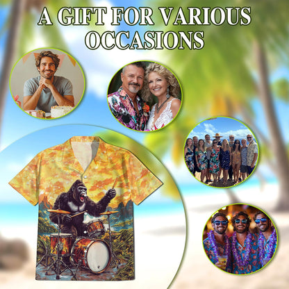 Netecom Gorilla Plays Drum Hawaiian Shirt for Men, Button Down Summer Beach Short Sleeve, Gorilla Lover Gifts, S-5XL