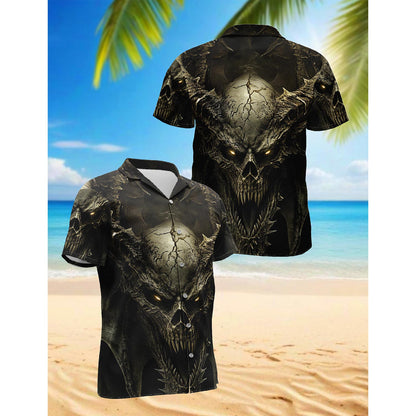 Netecom Gothic Dragon on Mutated Skull Hawaiian Shirt for Men, Button Down Summer Beach Short Sleeve, Sizes S-5XL