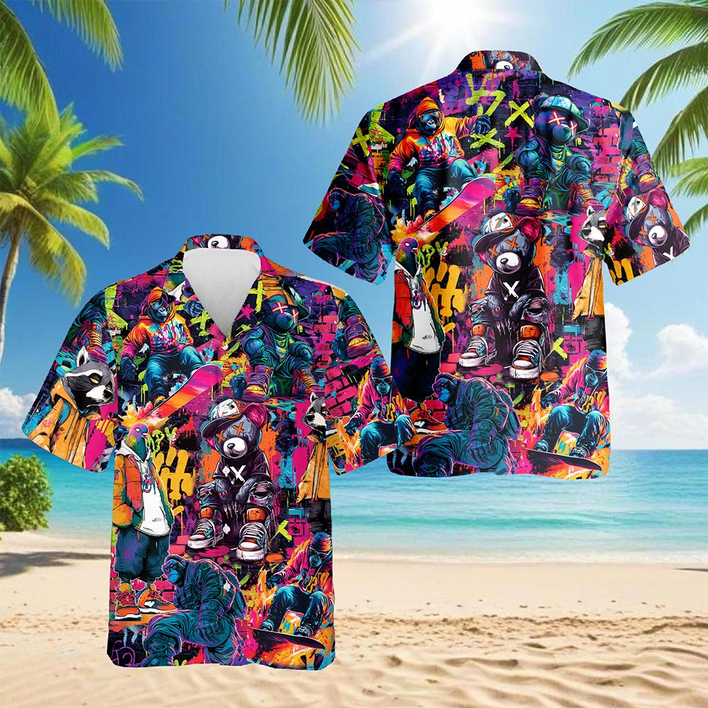 Netecom Graffiti Animal Hawaiian Shirt for Men Women, Graffiti Pop Art Button Down Summer Beach Short Sleeve Shirts, S-5XL