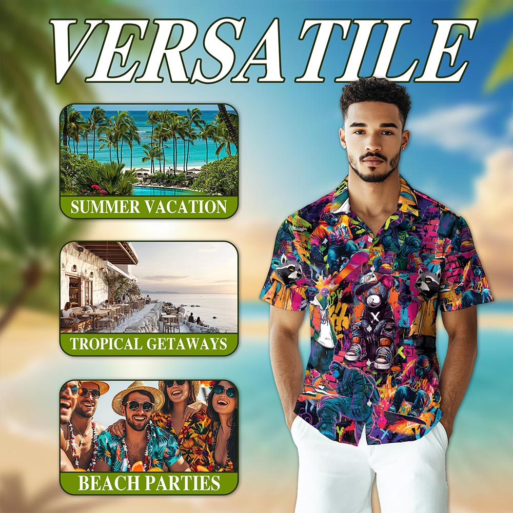 Netecom Graffiti Animal Hawaiian Shirt for Men Women, Graffiti Pop Art Button Down Summer Beach Short Sleeve Shirts, S-5XL