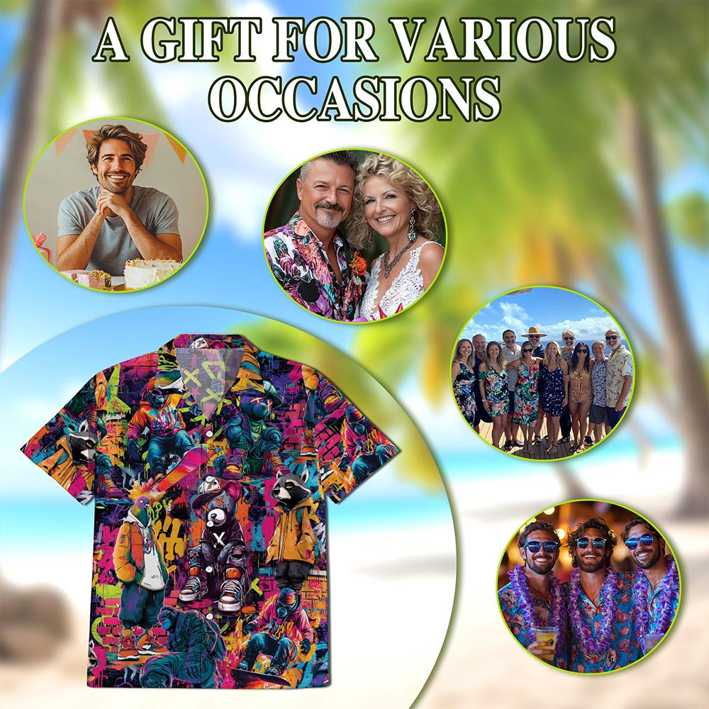 Netecom Graffiti Animal Hawaiian Shirt for Men Women, Graffiti Pop Art Button Down Summer Beach Short Sleeve Shirts, S-5XL
