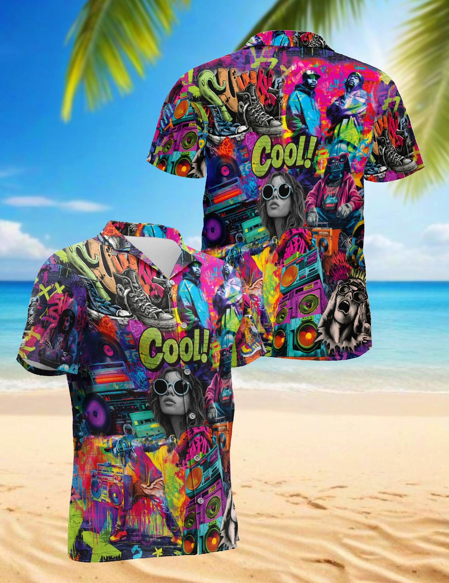 Netecom Graffiti Music Hawaiian Shirt for Men, Street Art Style, Button Down Summer Beach Short Sleeve, S-5XL