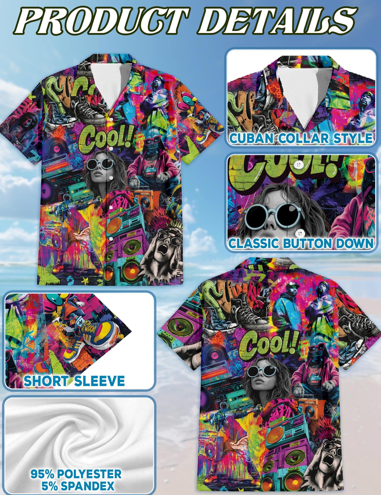 Netecom Graffiti Music Hawaiian Shirt for Men, Street Art Style, Button Down Summer Beach Short Sleeve, S-5XL
