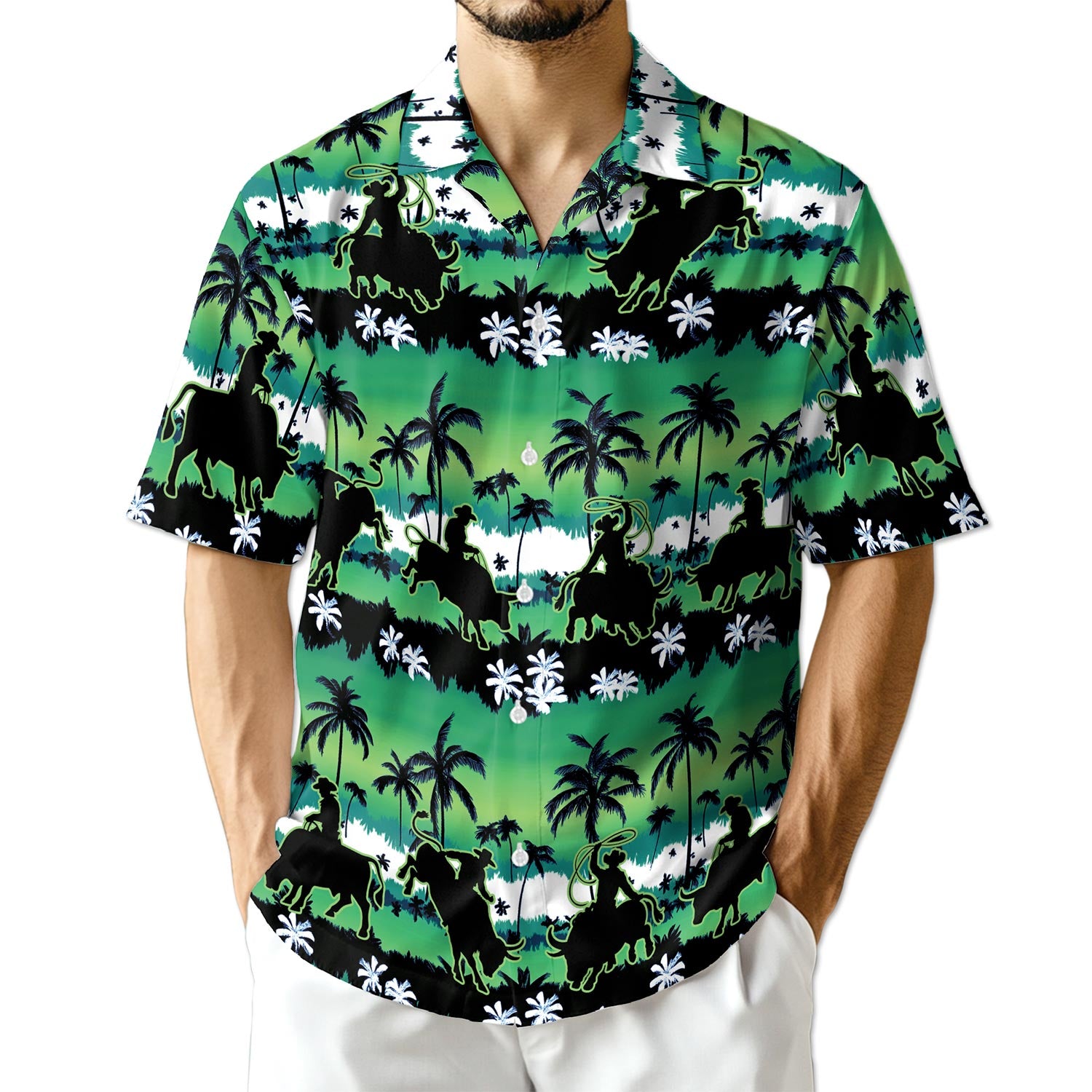 Netecom Green Bull Riding Palm Tree Hawaiian Shirt for Men