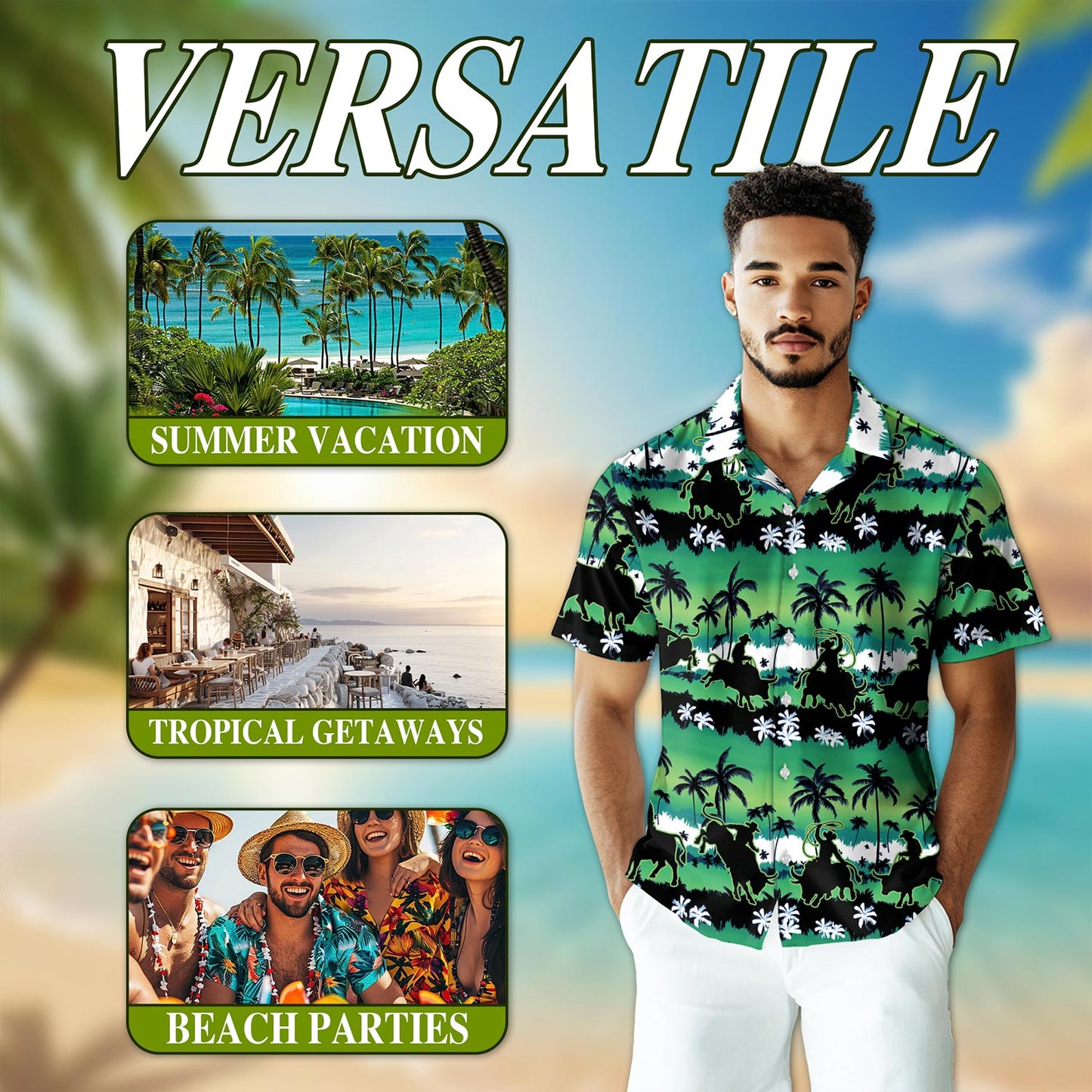 Netecom Green Bull Riding Palm Tree Hawaiian Shirt for Men, Button Down Summer Beach Short Sleeve, Tropical Style, Sizes S-5XL