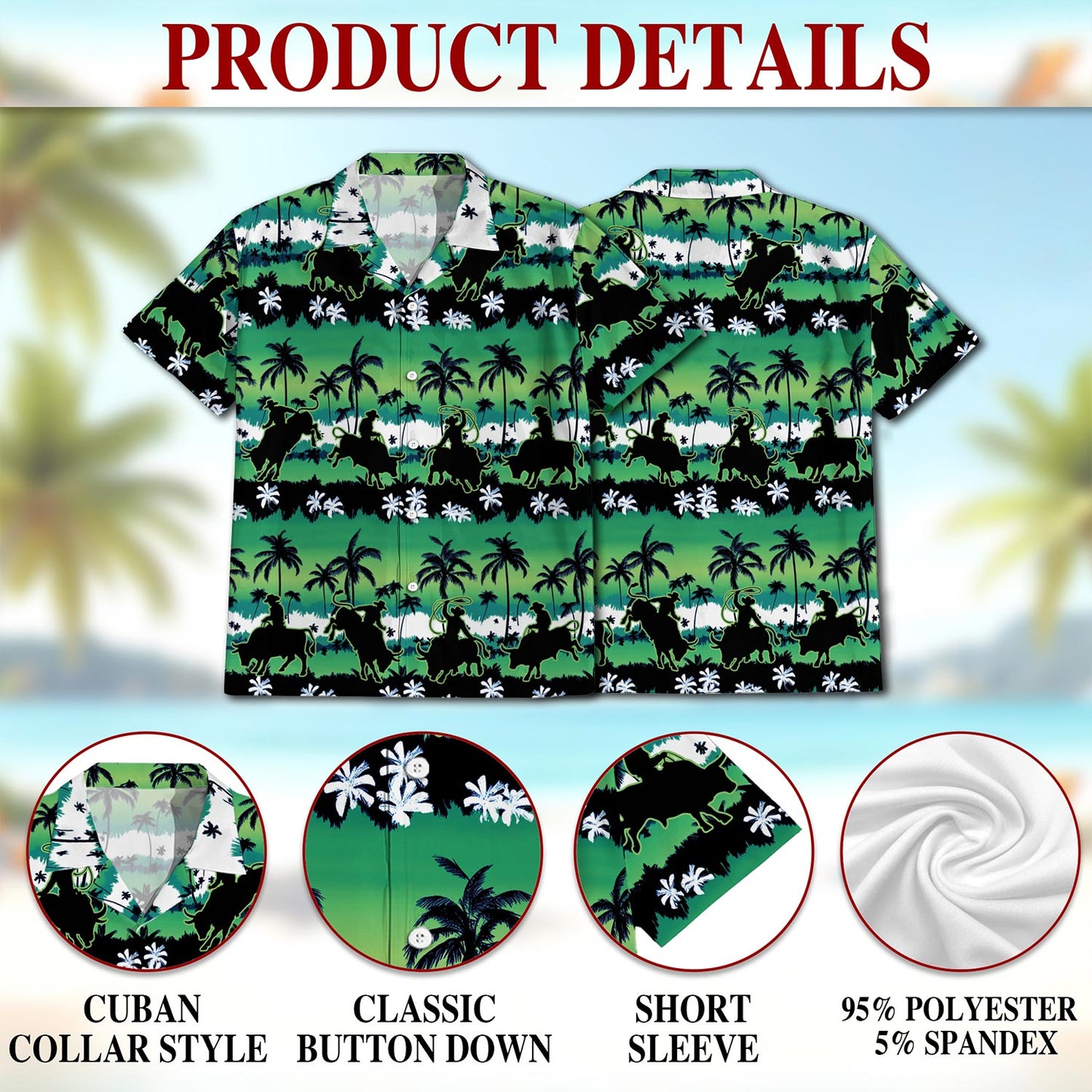 Netecom Green Bull Riding Palm Tree Hawaiian Shirt for Men, Button Down Summer Beach Short Sleeve, Tropical Style, Sizes S-5XL